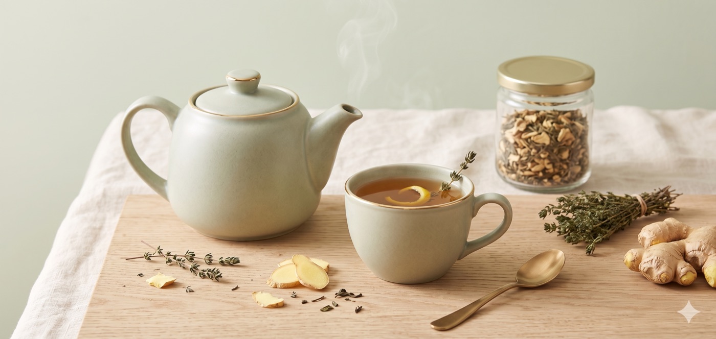 Чайник с согревающим чаем, чабрец и имбирь